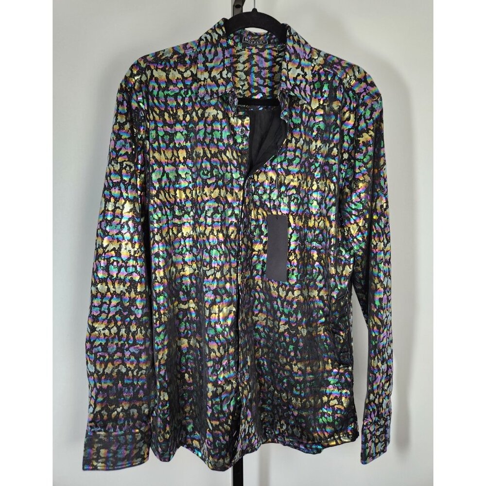 Wulful Shirt Mens Medium Black Multi Long Sleeve Metallic Disco Party